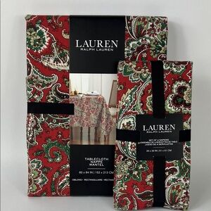 Ralph Lauren Tablecloth 60 x 84 and 4 Napkins Red & Green Paisley Christmas NEW